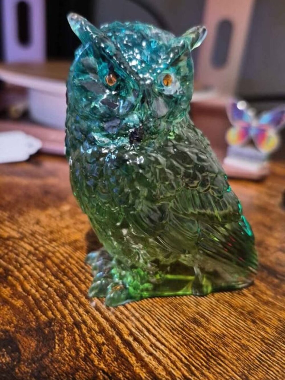 Green and Blue Resin Owl Figurine. 3 1/2" tall. #OF2